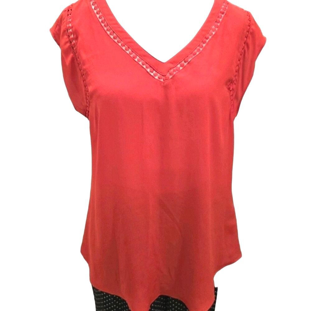 41 Hawthorn Red Blouse Top Medium Crochet Trim V Neck Career Boho Womens
